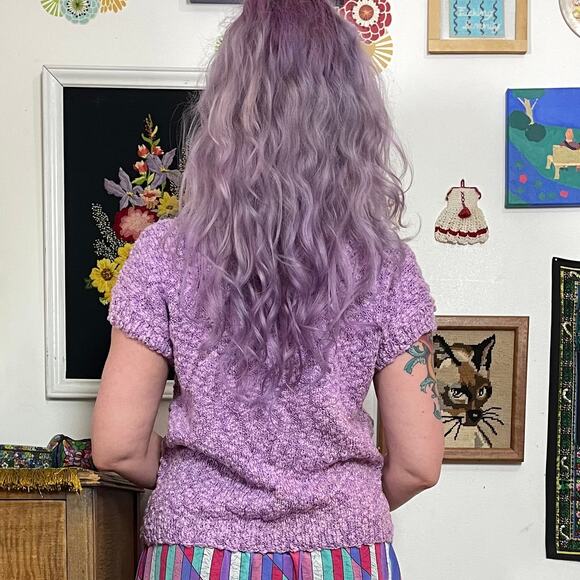 Vintage Lavender Chenille Sweater, 1980s Short Sleeve Pastel Knit Top Sz M-L - Picture 3 of 10